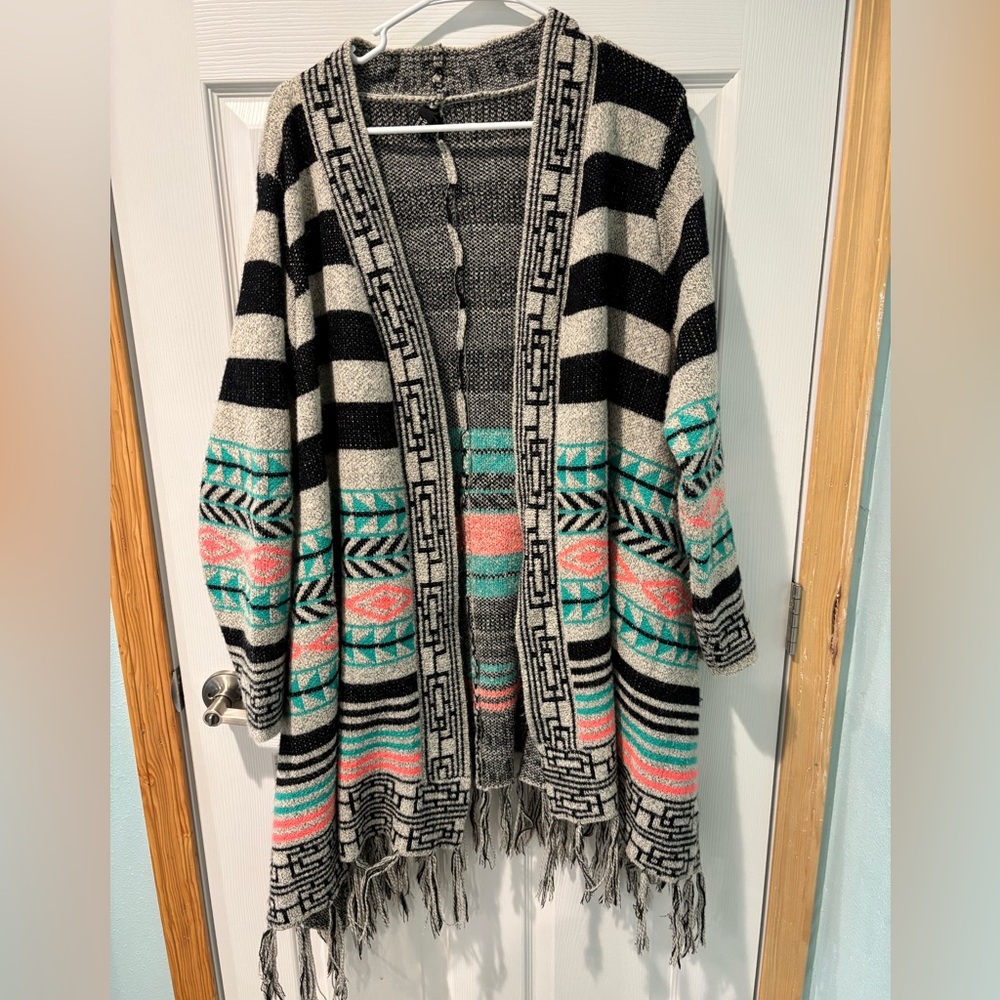 Striped Fringe Cardigan with Geometric Patterns